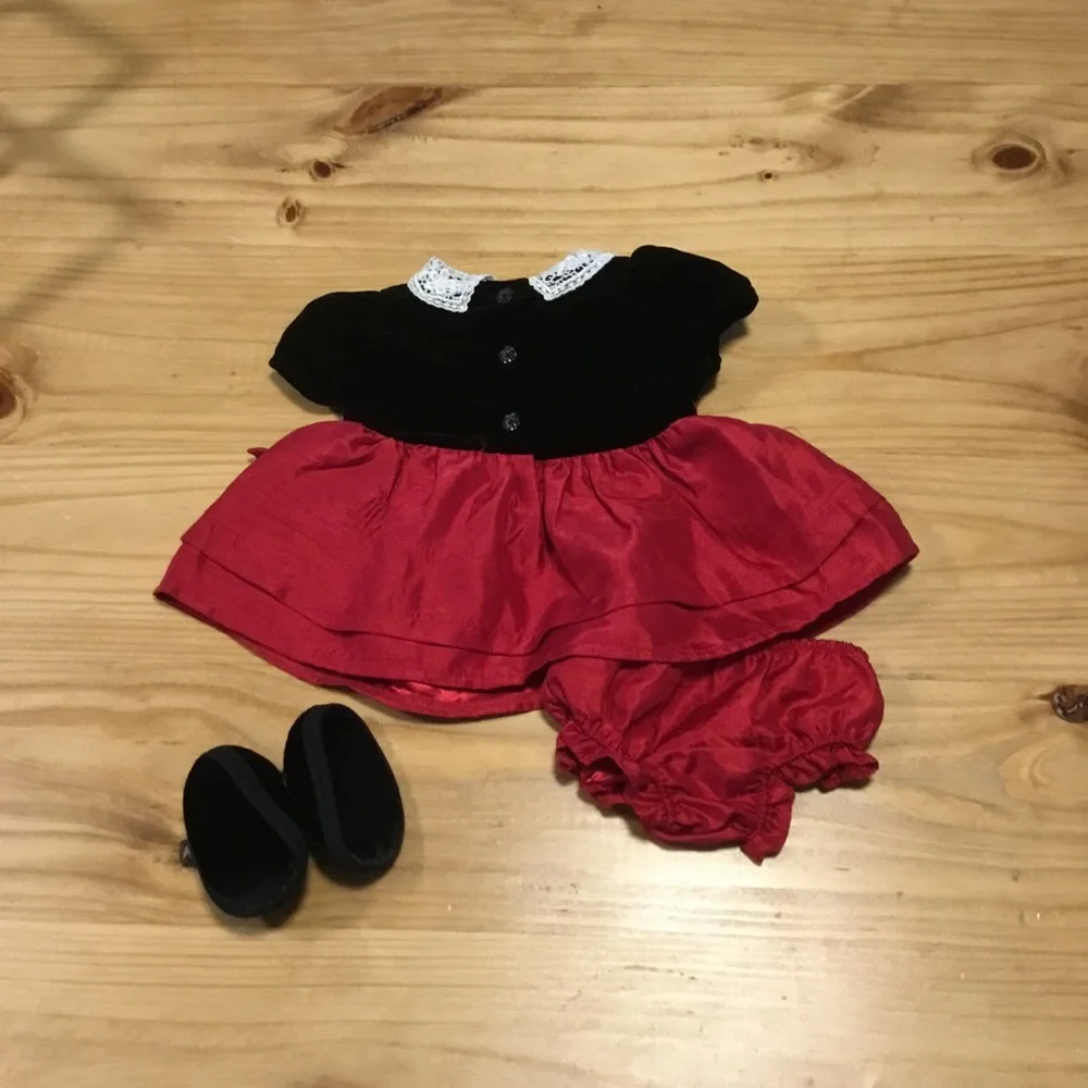 Pretty Baby Christmas Dress Bloomer & Shoes Lovely Lace Collar Y2K Vintage NB